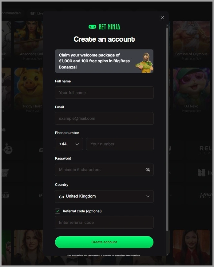 Quick registration for new players at BetNinja