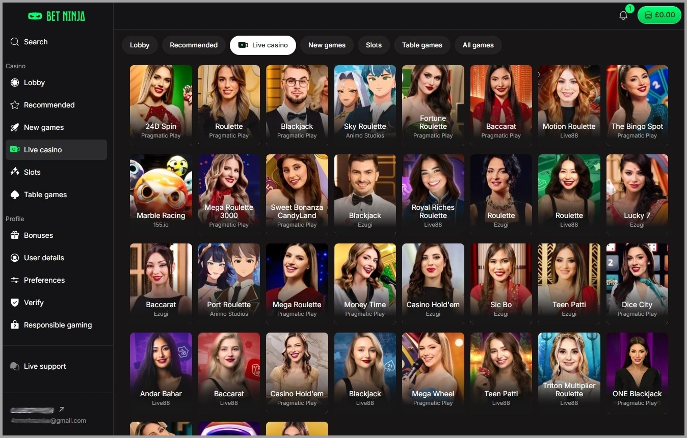 Overview of all live casino games at BetNinja