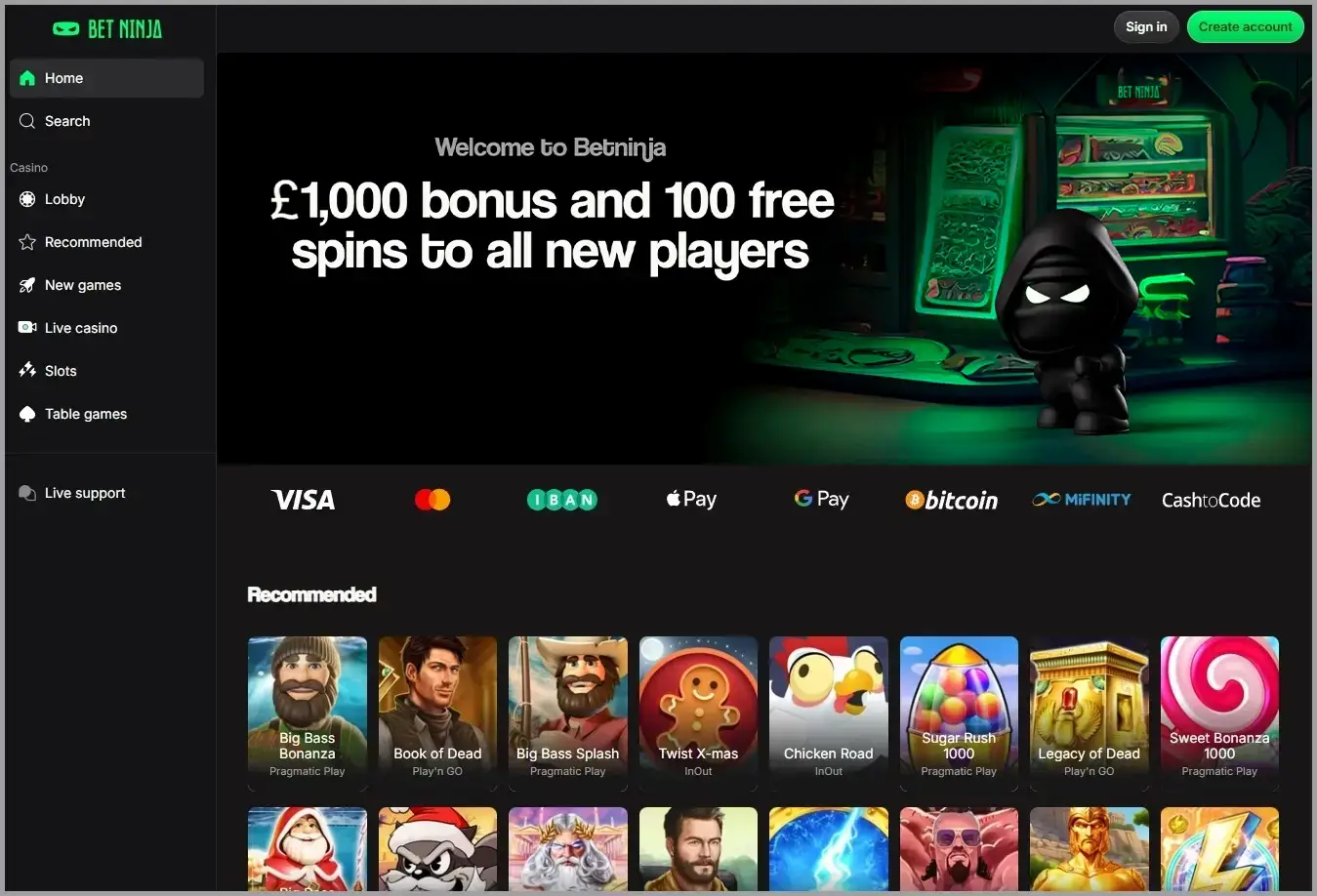 Compact overview of BetNinjamain sections