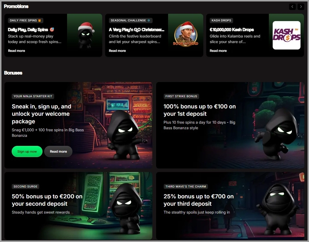 Casino actions and bonuses at BetNinja