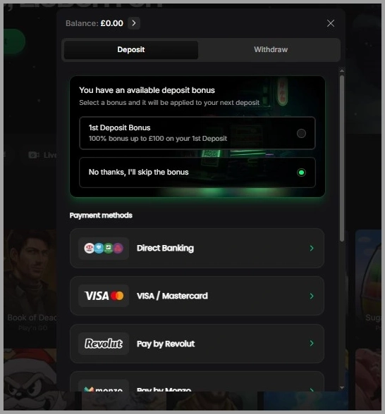Overview of deposit and withdrawal options at BetNinja