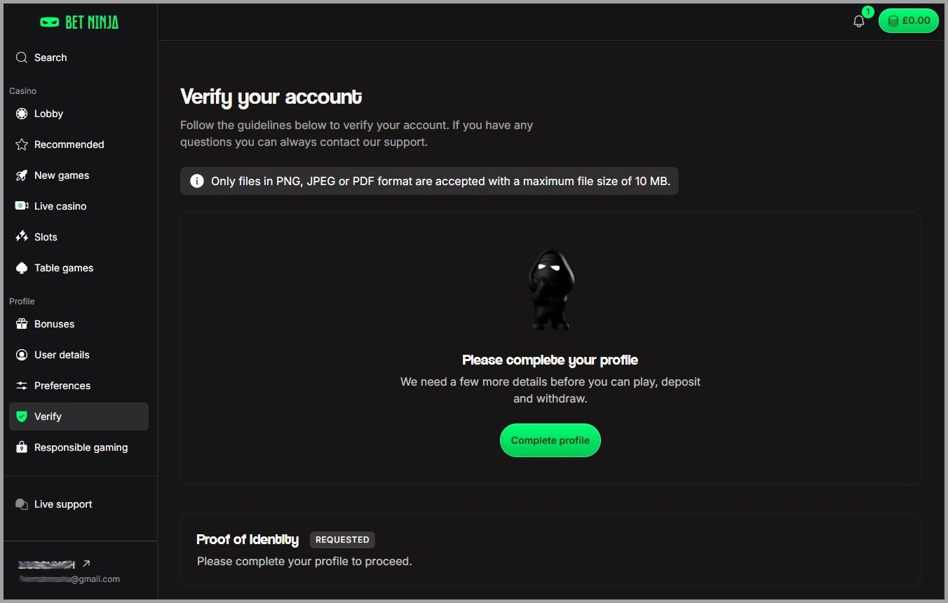 Identity verification at BetNinja– easy document upload